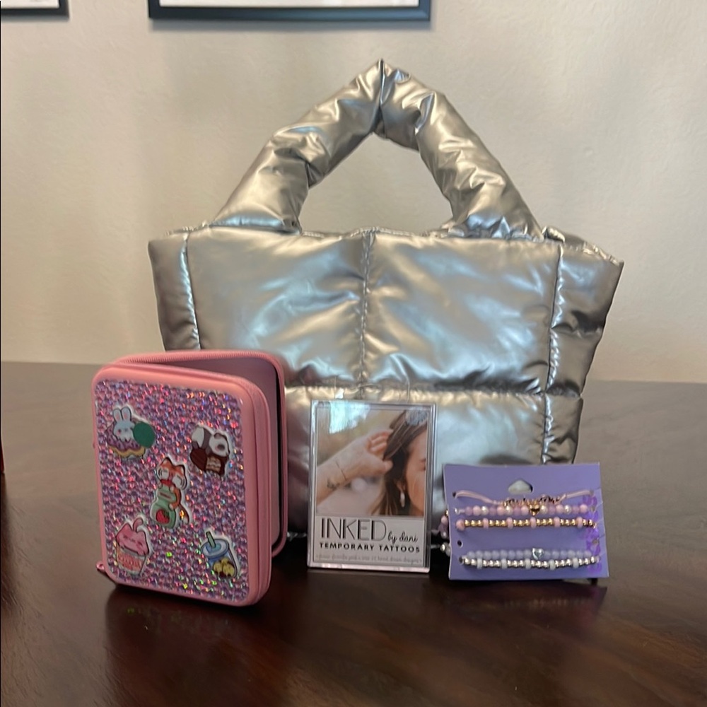 Silver Puffer Tote Bag with Accessories
